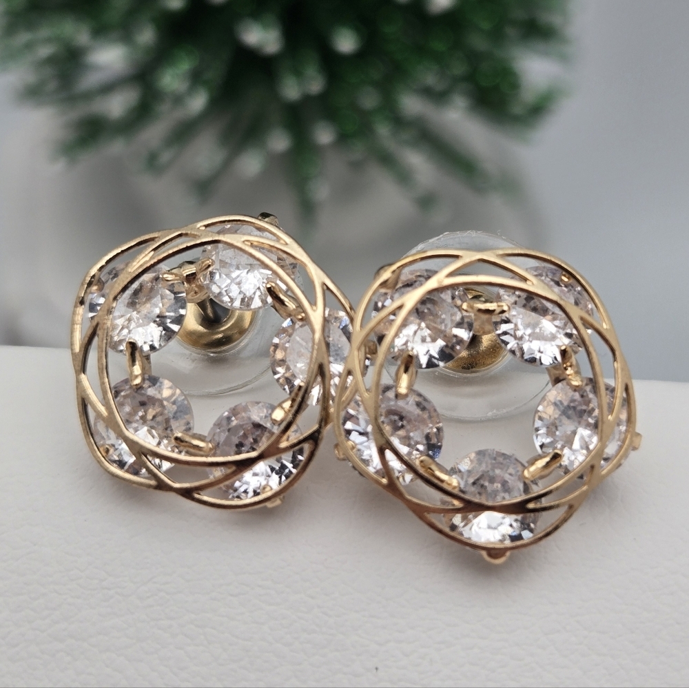 Circular Bridal Stud Earrings Diamond Look Forever Love Design Gold Tone